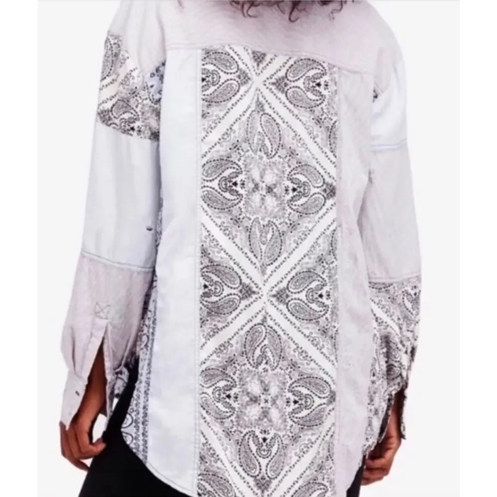 Free People Blue Distressed Patchwork Shirt